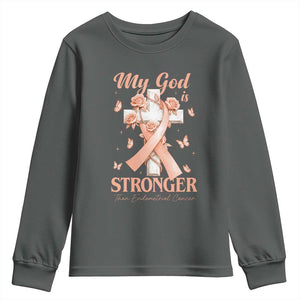 My God Is Stronger Than Endometrial Cancer Youth Sweatshirt Christian Peach Ribbon