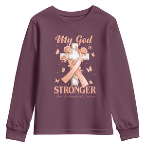My God Is Stronger Than Endometrial Cancer Youth Sweatshirt Christian Peach Ribbon