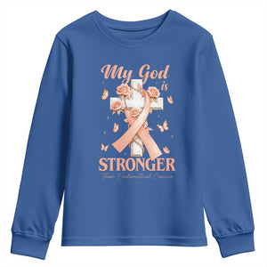 My God Is Stronger Than Endometrial Cancer Youth Sweatshirt Christian Peach Ribbon