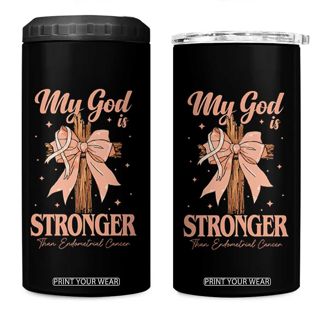 Endometrial Cancer Faith Peach Ribbon 4 in 1 Can Cooler Tumbler My God Is Stronger Than Endometrial Cancer