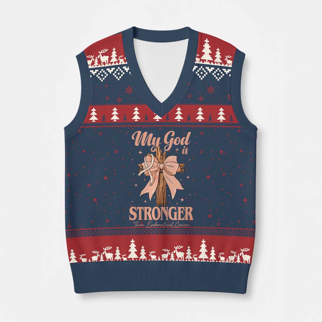 Endometrial Cancer Faith Peach Ribbon V-Neck Knit Sweater Vest My God Is Stronger Than Endometrial Cancer TS12 Navy Red Print Your Wear