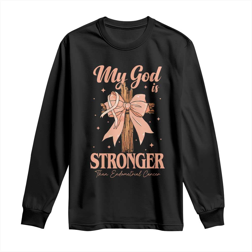 Endometrial Cancer Faith Peach Ribbon Long Sleeve Shirt My God Is Stronger Than Endometrial Cancer