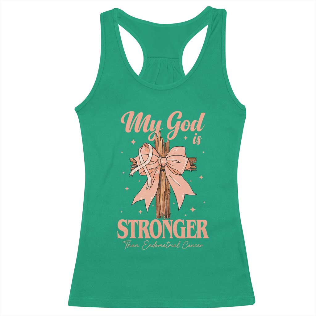 Endometrial Cancer Faith Peach Ribbon Racerback Tank Top My God Is Stronger Than Endometrial Cancer