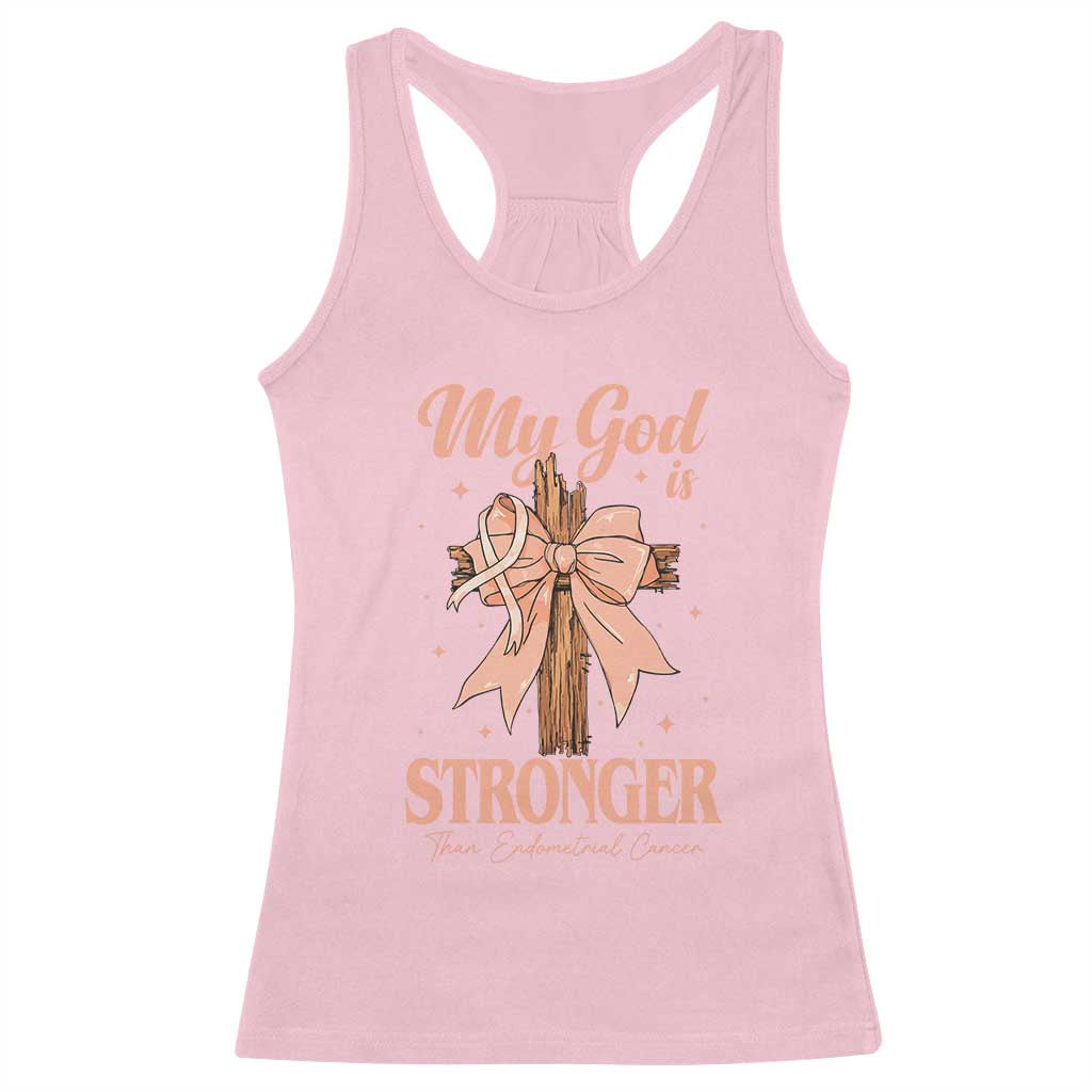 Endometrial Cancer Faith Peach Ribbon Racerback Tank Top My God Is Stronger Than Endometrial Cancer