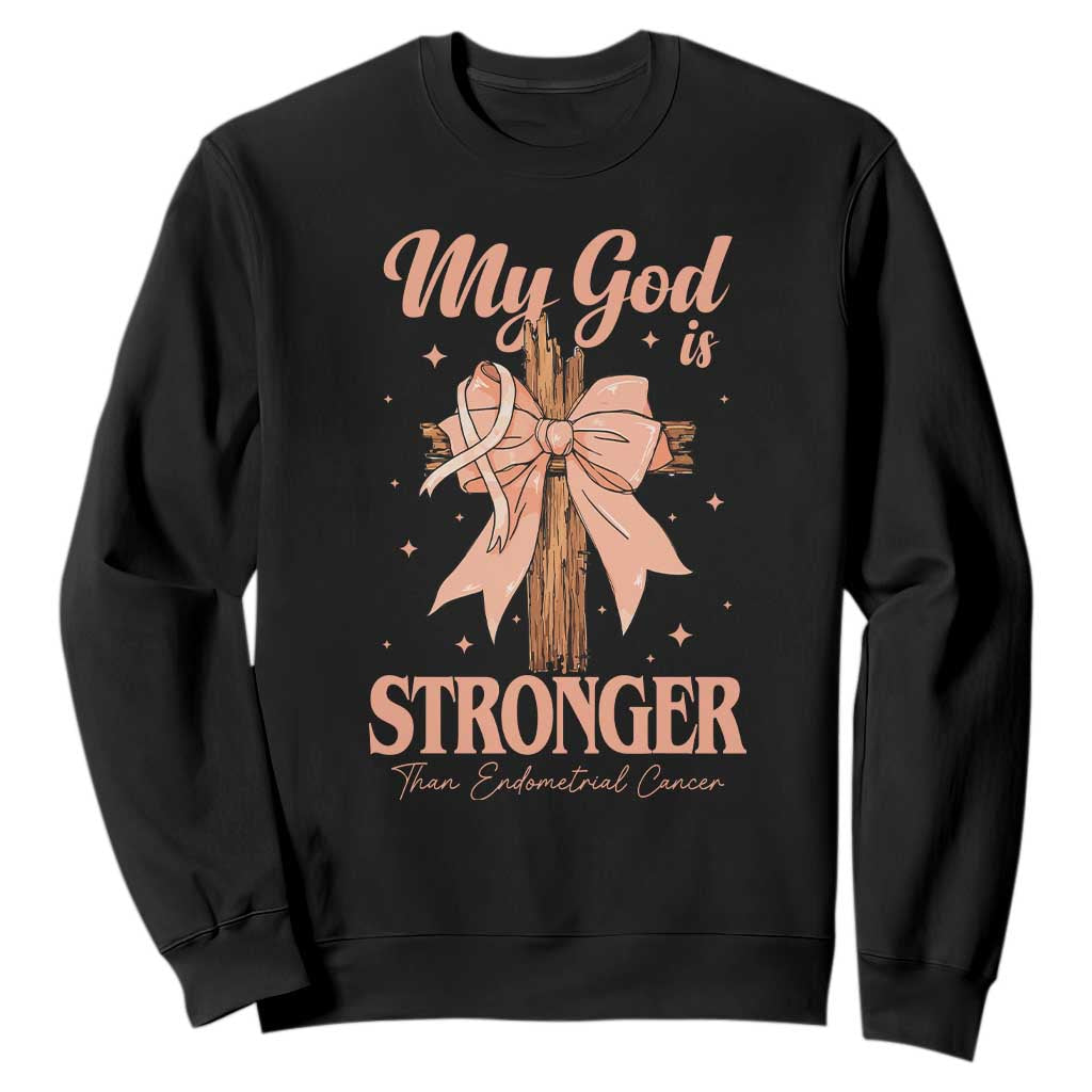 Endometrial Cancer Faith Peach Ribbon Sweatshirt My God Is Stronger Than Endometrial Cancer TS12 Black Print Your Wear