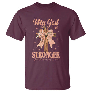 Endometrial Cancer Faith Peach Ribbon T Shirt My God Is Stronger Than Endometrial Cancer