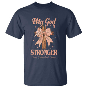 Endometrial Cancer Faith Peach Ribbon T Shirt My God Is Stronger Than Endometrial Cancer