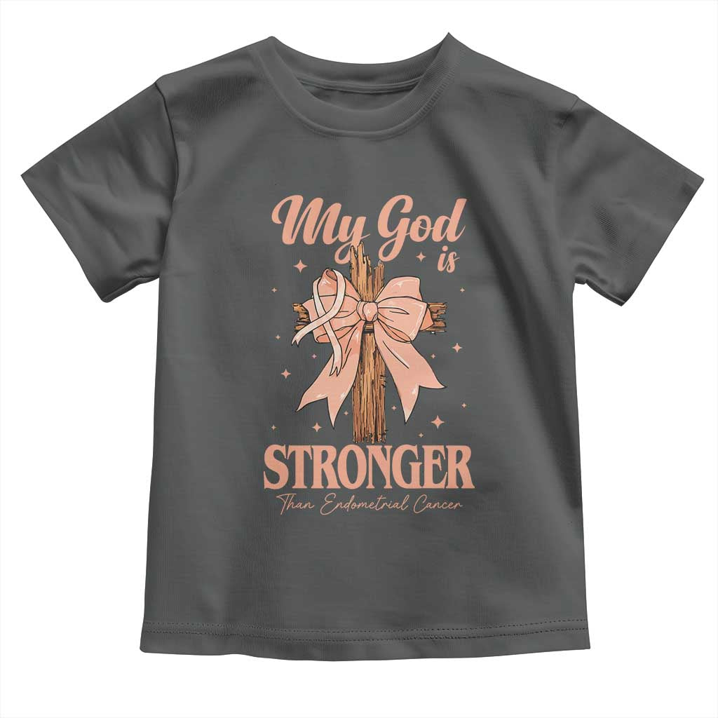 Endometrial Cancer Faith Peach Ribbon Toddler T Shirt My God Is Stronger Than Endometrial Cancer