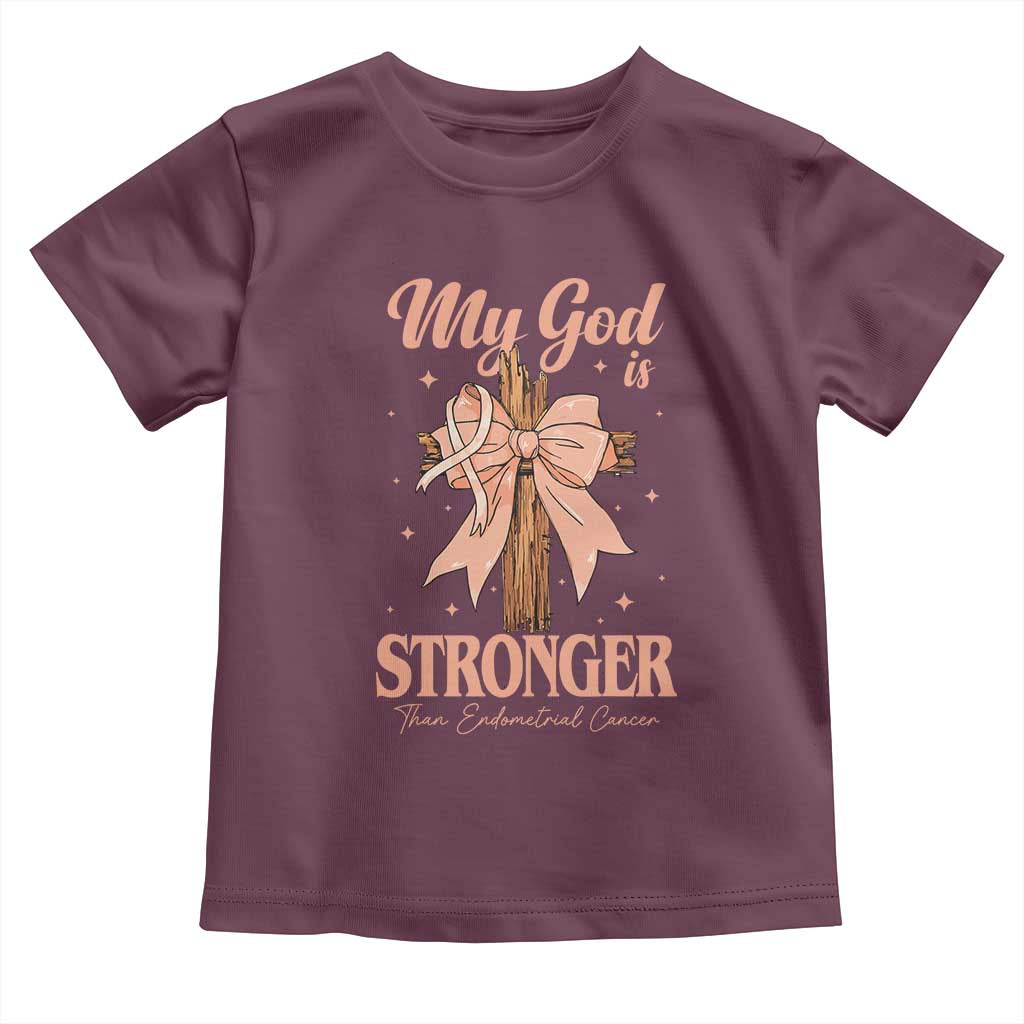 Endometrial Cancer Faith Peach Ribbon Toddler T Shirt My God Is Stronger Than Endometrial Cancer