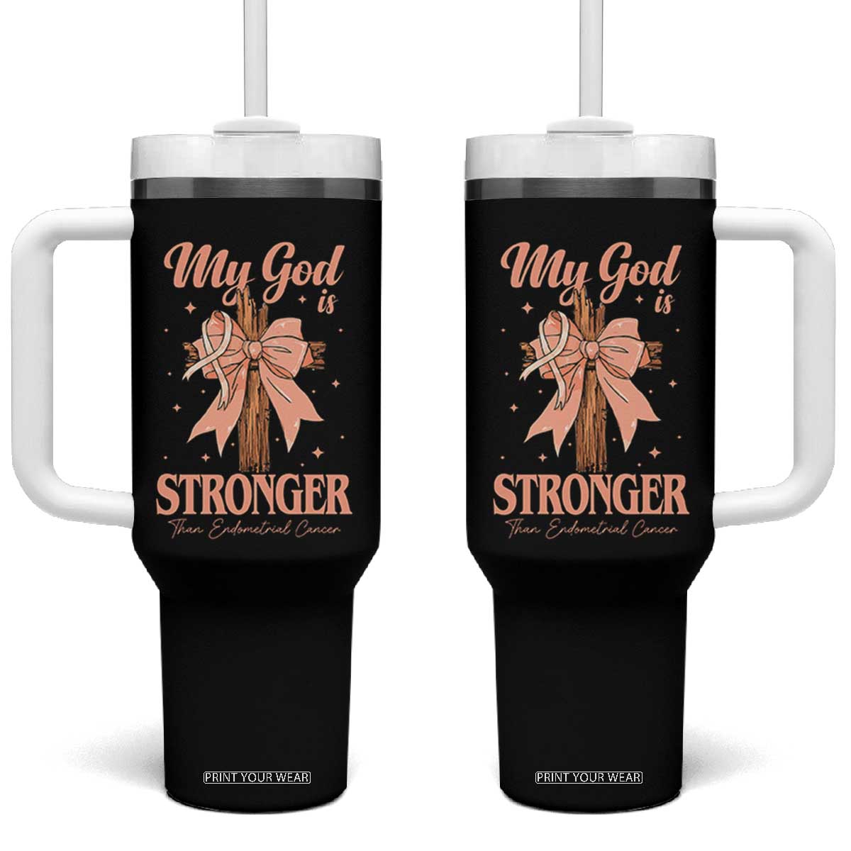 Endometrial Cancer Faith Peach Ribbon Tumbler With Handle My God Is Stronger Than Endometrial Cancer