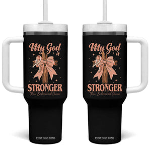 Endometrial Cancer Faith Peach Ribbon Tumbler With Handle My God Is Stronger Than Endometrial Cancer
