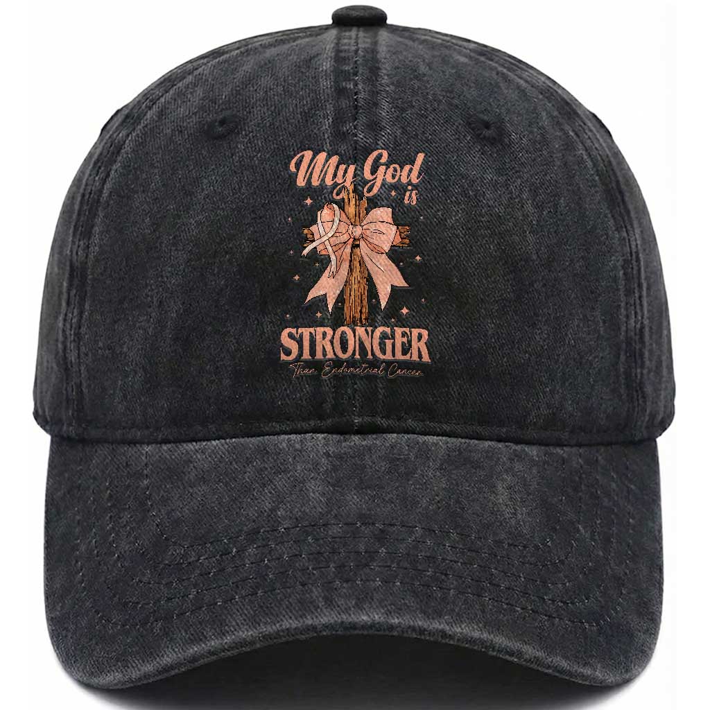 Endometrial Cancer Faith Peach Ribbon Washed Cotton Baseball Cap My God Is Stronger Than Endometrial Cancer