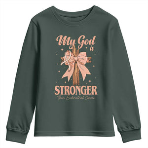 Endometrial Cancer Faith Peach Ribbon Youth Sweatshirt My God Is Stronger Than Endometrial Cancer