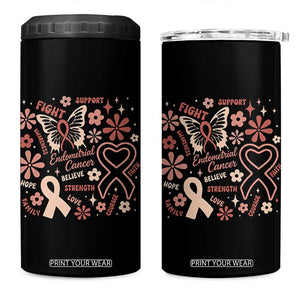 Floral Butterfly Endometrial Cancer Awareness 4 in 1 Can Cooler Tumbler Believe Strength Faith