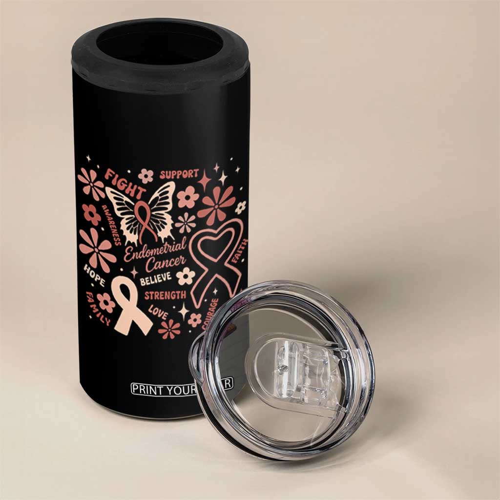 Floral Butterfly Endometrial Cancer Awareness 4 in 1 Can Cooler Tumbler Believe Strength Faith