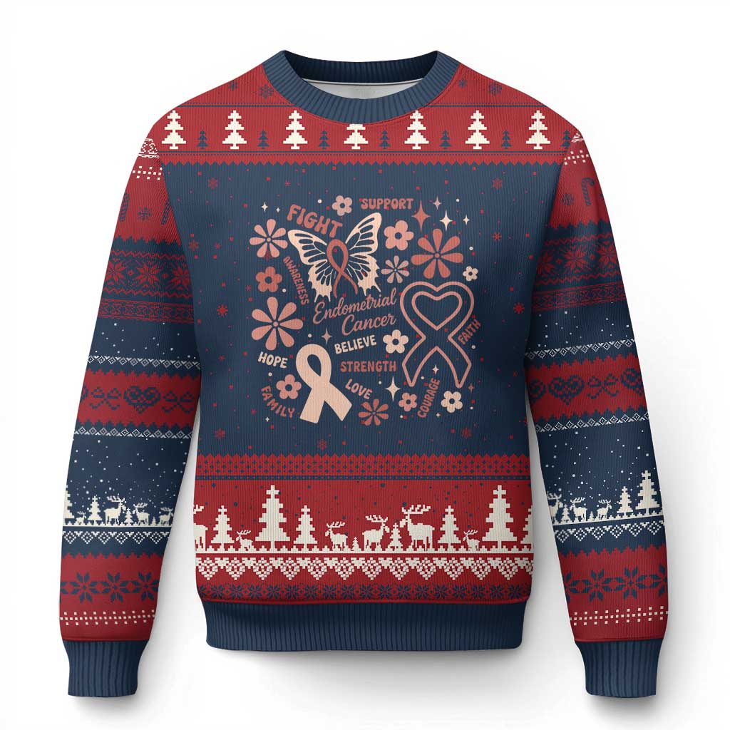 Floral Butterfly Endometrial Cancer Awareness Ugly Christmas Sweater Believe Strength Faith
