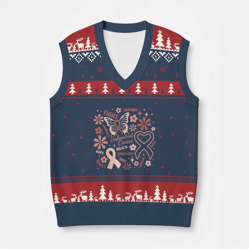 Floral Butterfly Endometrial Cancer Awareness V-Neck Knit Sweater Vest Believe Strength Faith TS12 Navy Red Print Your Wear