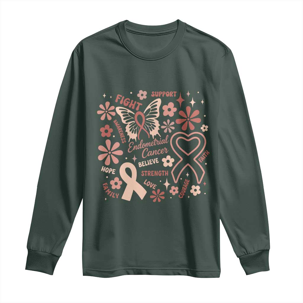 Floral Butterfly Endometrial Cancer Awareness Long Sleeve Shirt Believe Strength Faith