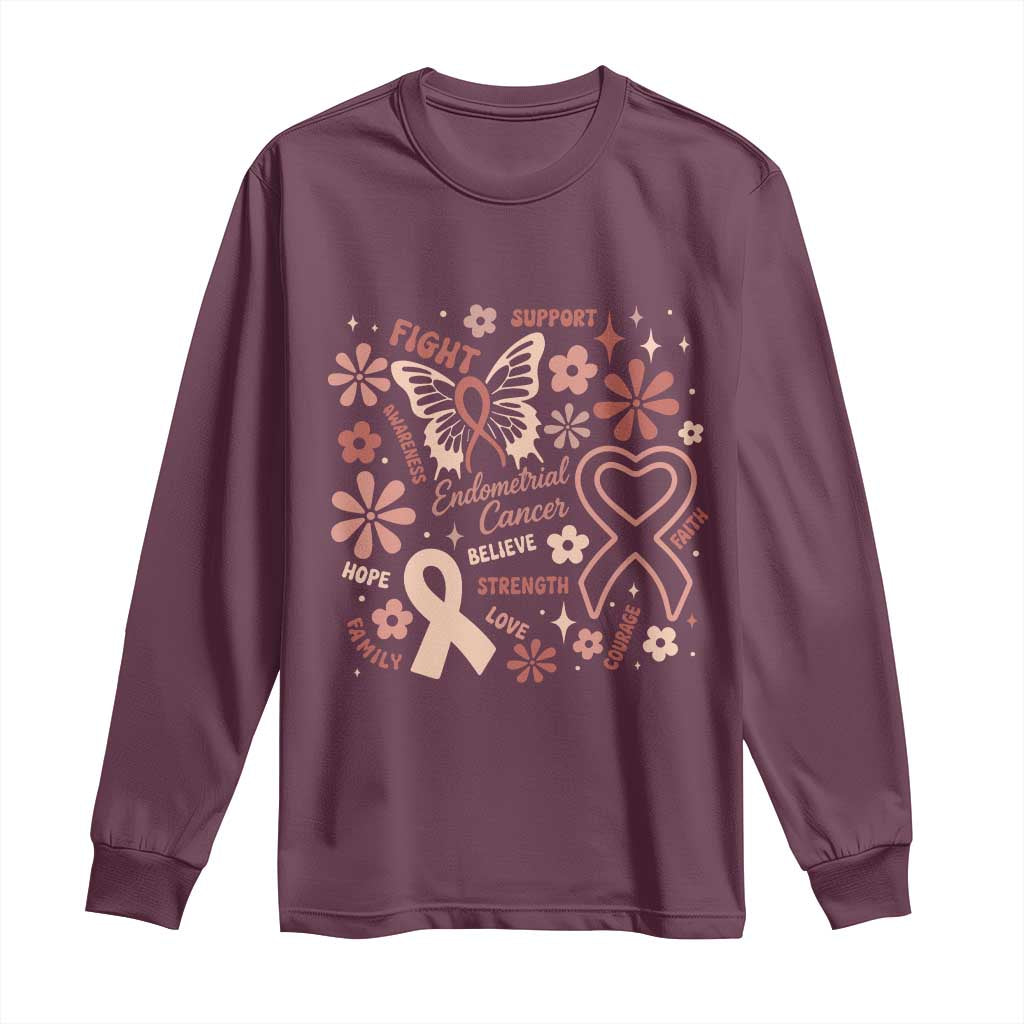 Floral Butterfly Endometrial Cancer Awareness Long Sleeve Shirt Believe Strength Faith
