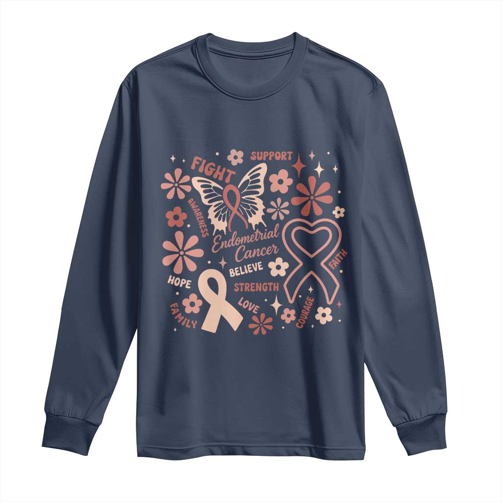 Floral Butterfly Endometrial Cancer Awareness Long Sleeve Shirt Believe Strength Faith