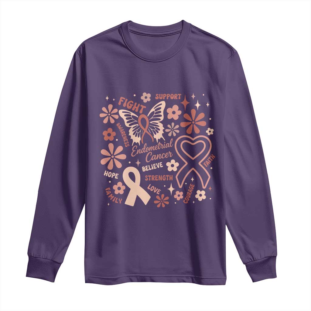Floral Butterfly Endometrial Cancer Awareness Long Sleeve Shirt Believe Strength Faith