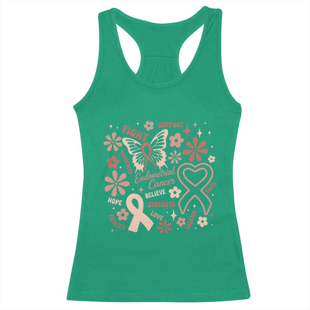 Floral Butterfly Endometrial Cancer Awareness Racerback Tank Top Believe Strength Faith