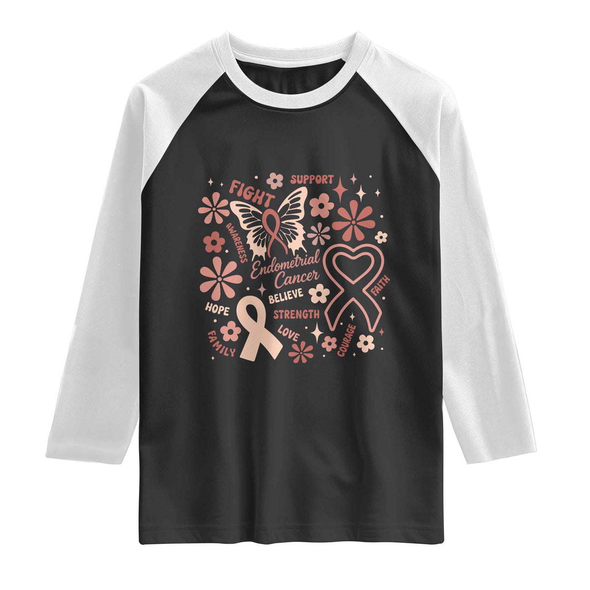 Floral Butterfly Endometrial Cancer Awareness Raglan Shirt Believe Strength Faith