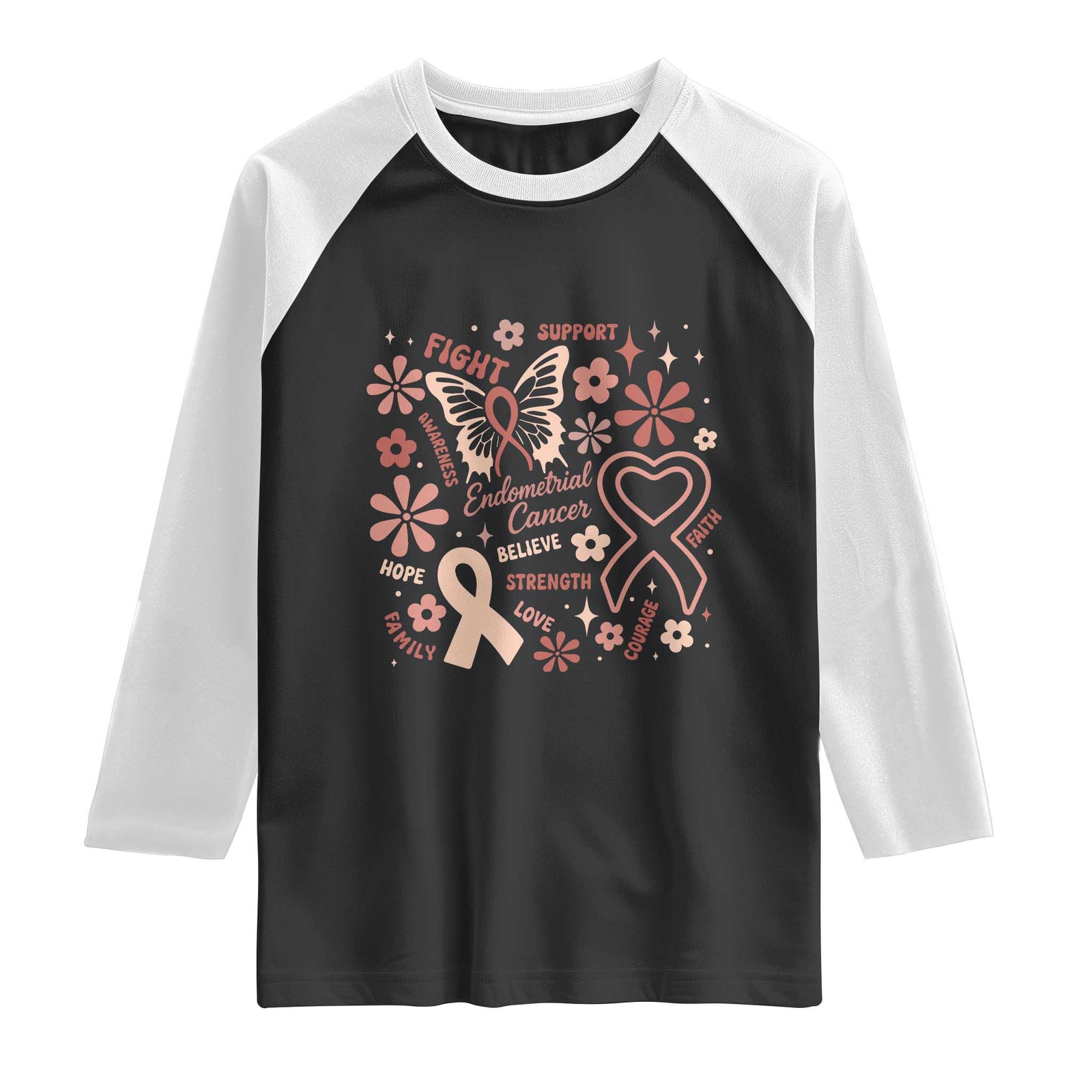 Floral Butterfly Endometrial Cancer Awareness Raglan Shirt Believe Strength Faith TS12 Black White Print Your Wear