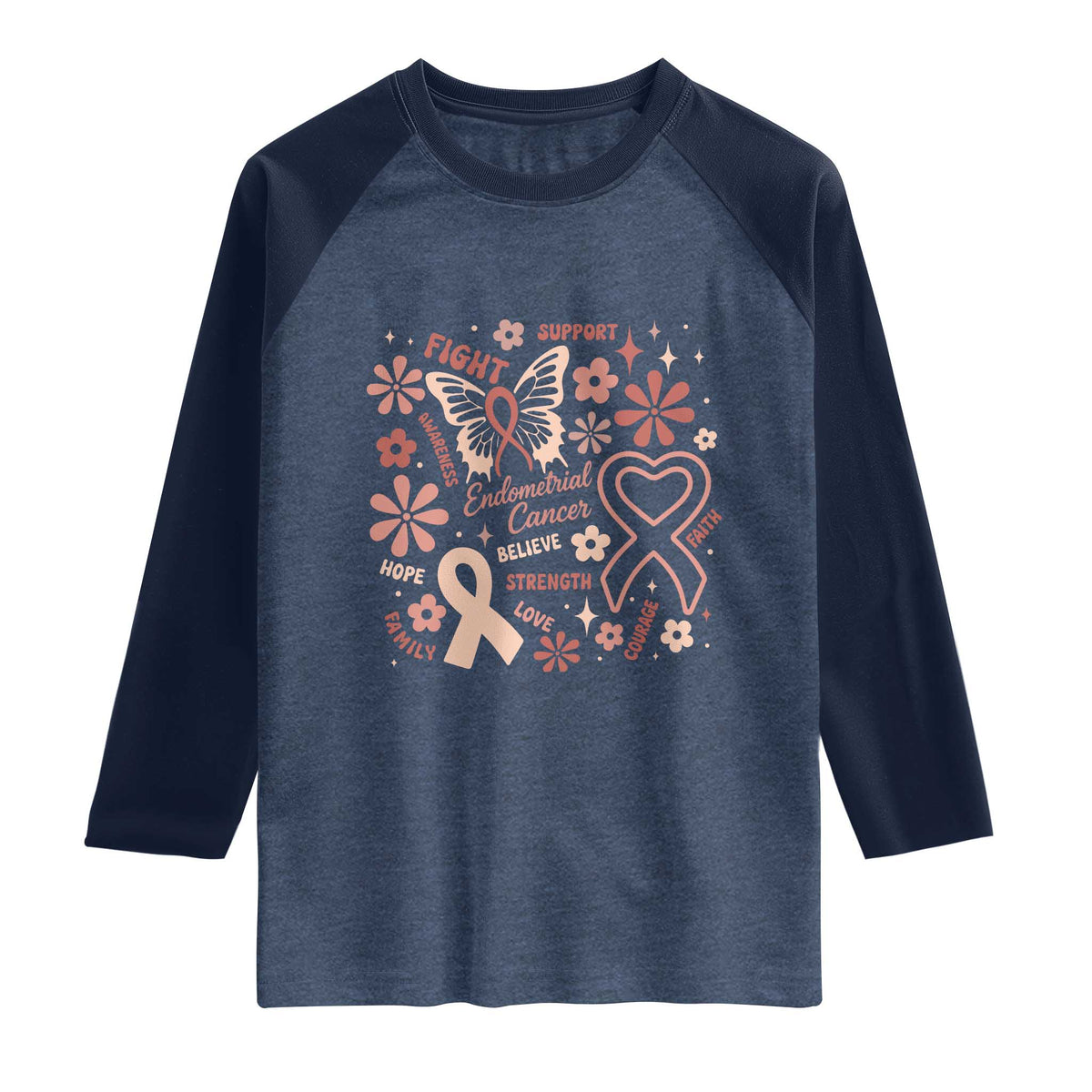 Floral Butterfly Endometrial Cancer Awareness Raglan Shirt Believe Strength Faith