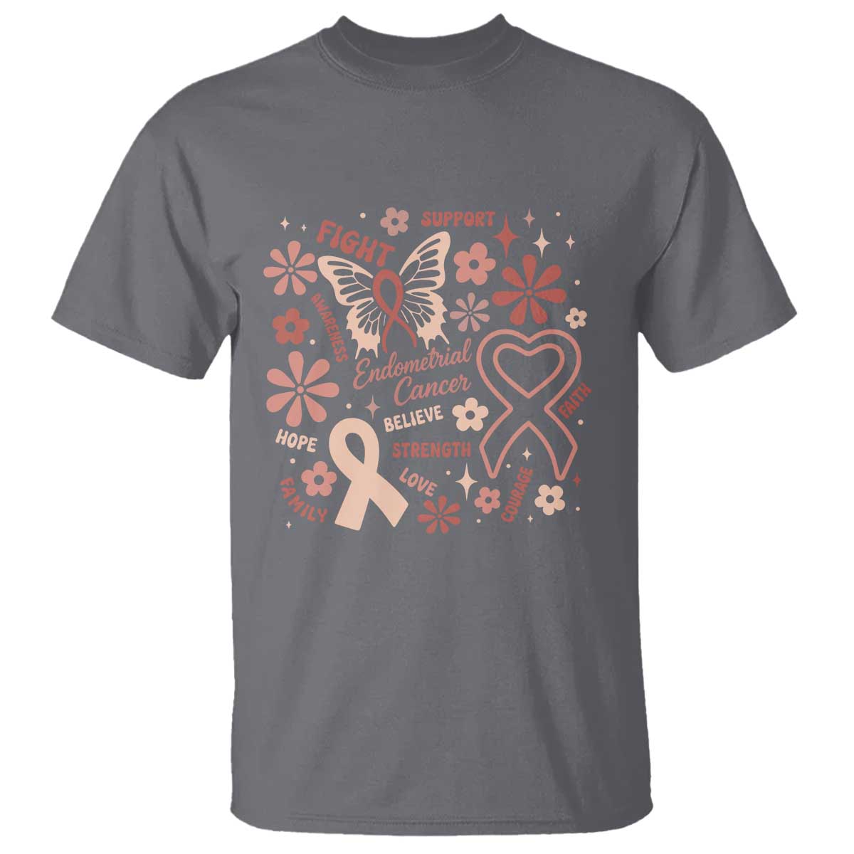 Floral Butterfly Endometrial Cancer Awareness T Shirt Believe Strength Faith