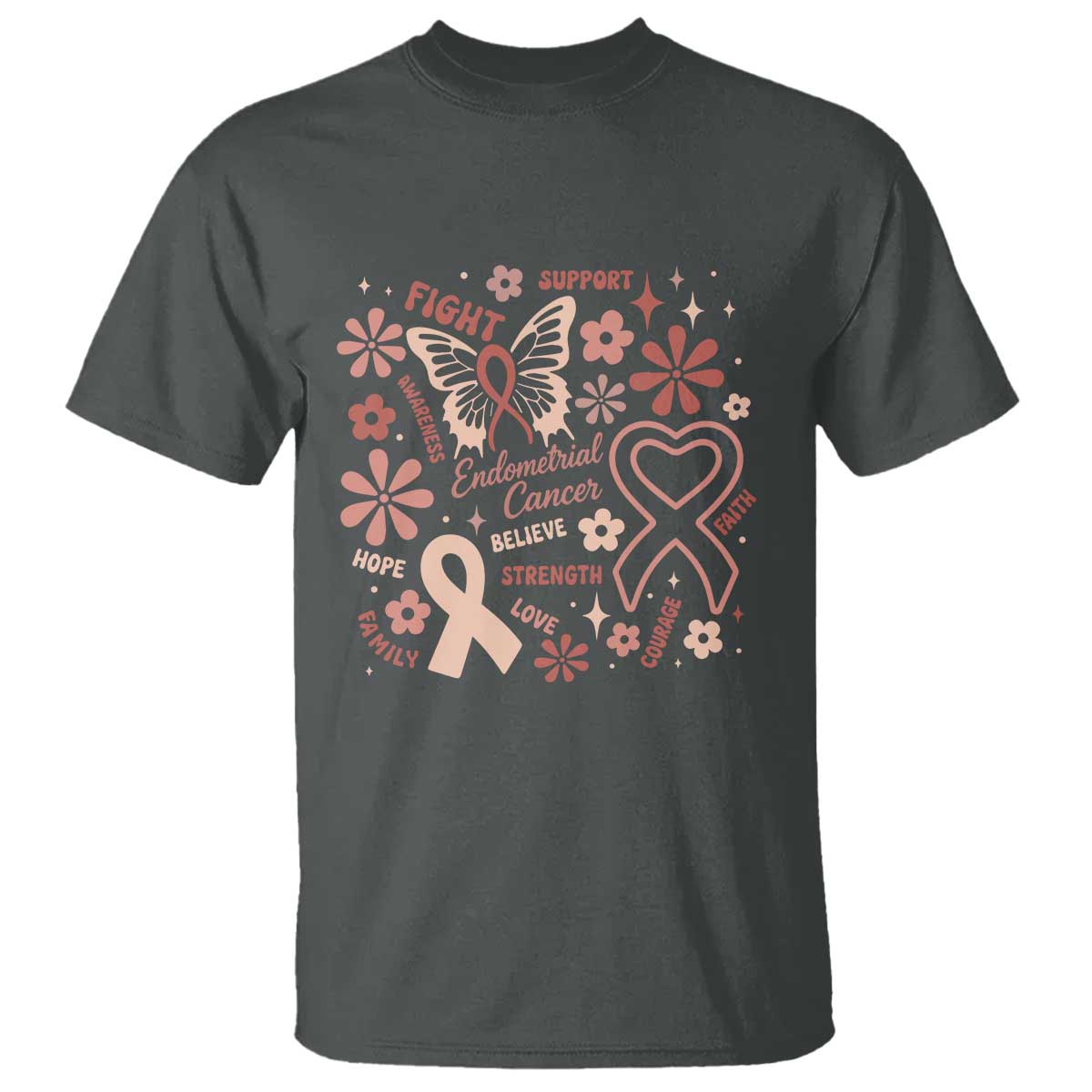 Floral Butterfly Endometrial Cancer Awareness T Shirt Believe Strength Faith