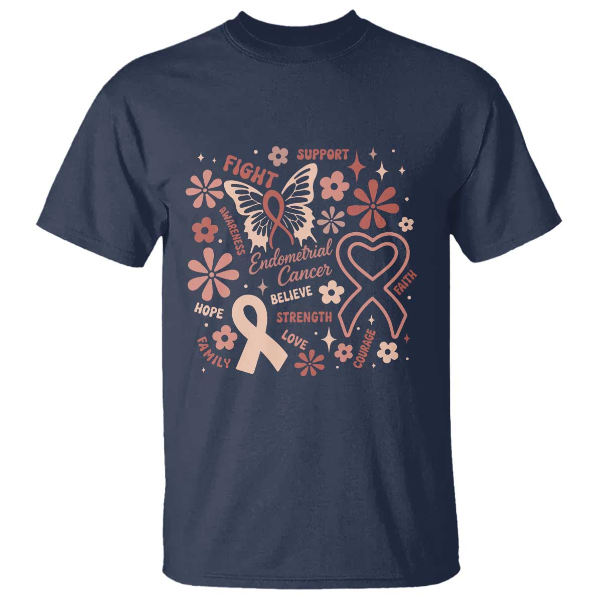 Floral Butterfly Endometrial Cancer Awareness T Shirt Believe Strength Faith