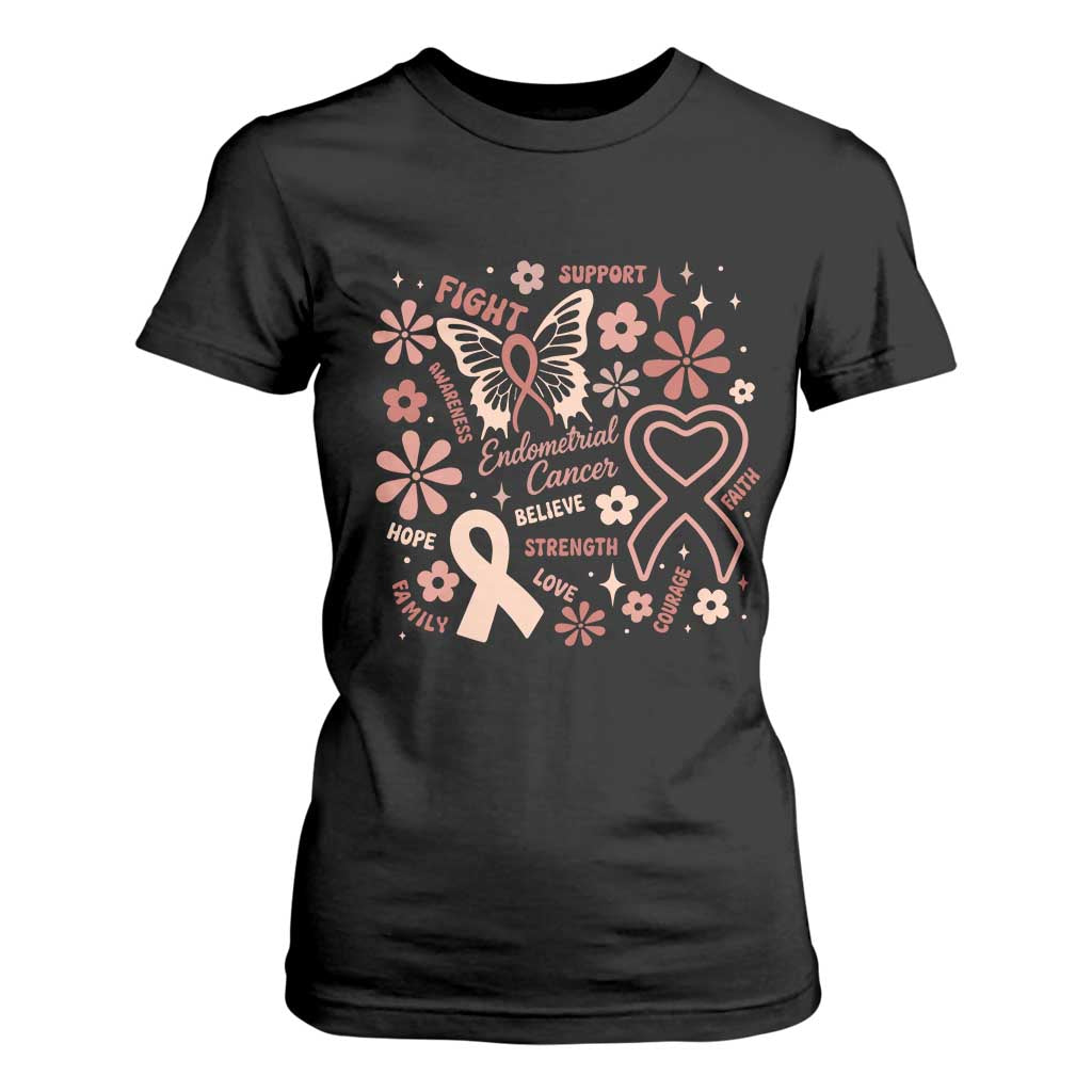 Floral Butterfly Endometrial Cancer Awareness T Shirt For Women Believe Strength Faith