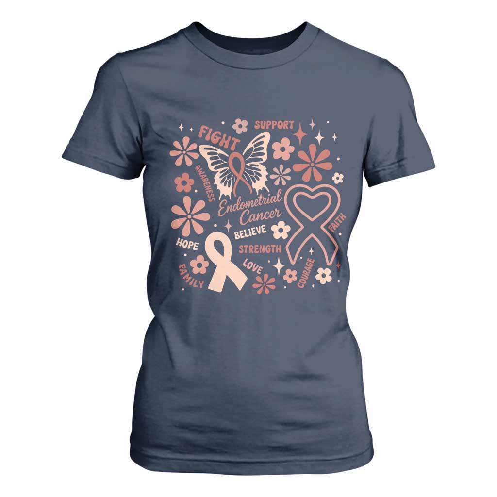 Floral Butterfly Endometrial Cancer Awareness T Shirt For Women Believe Strength Faith