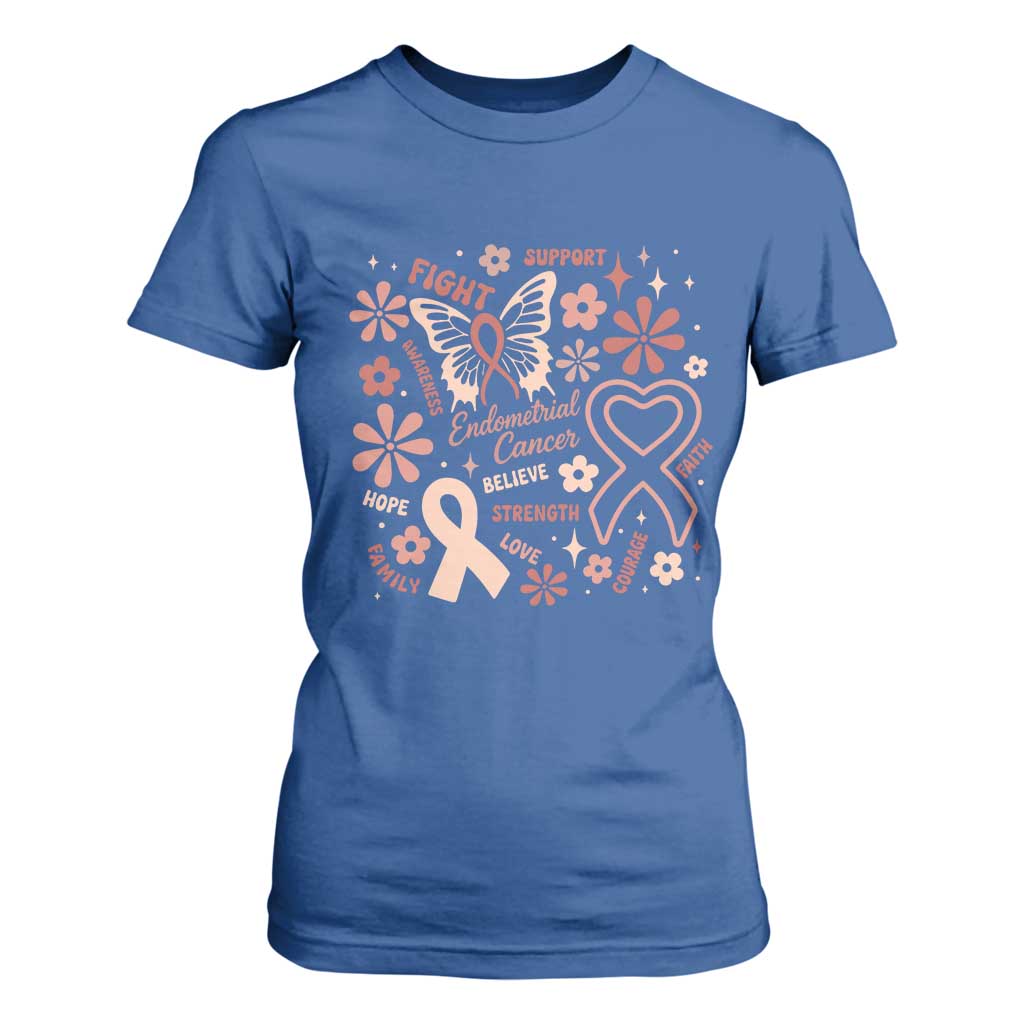 Floral Butterfly Endometrial Cancer Awareness T Shirt For Women Believe Strength Faith