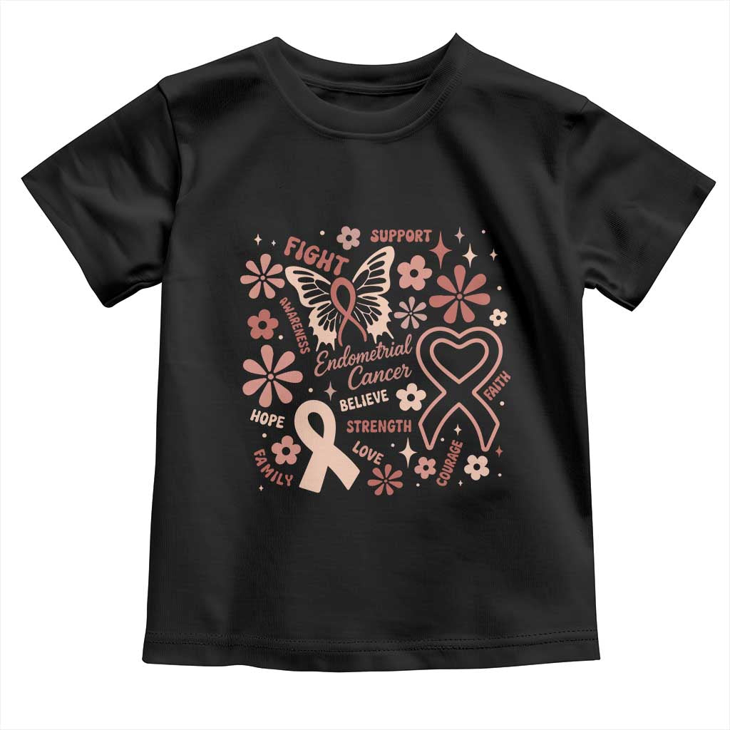 Floral Butterfly Endometrial Cancer Awareness Toddler T Shirt Believe Strength Faith TS12 Black Print Your Wear