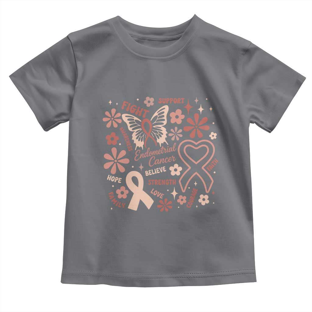 Floral Butterfly Endometrial Cancer Awareness Toddler T Shirt Believe Strength Faith
