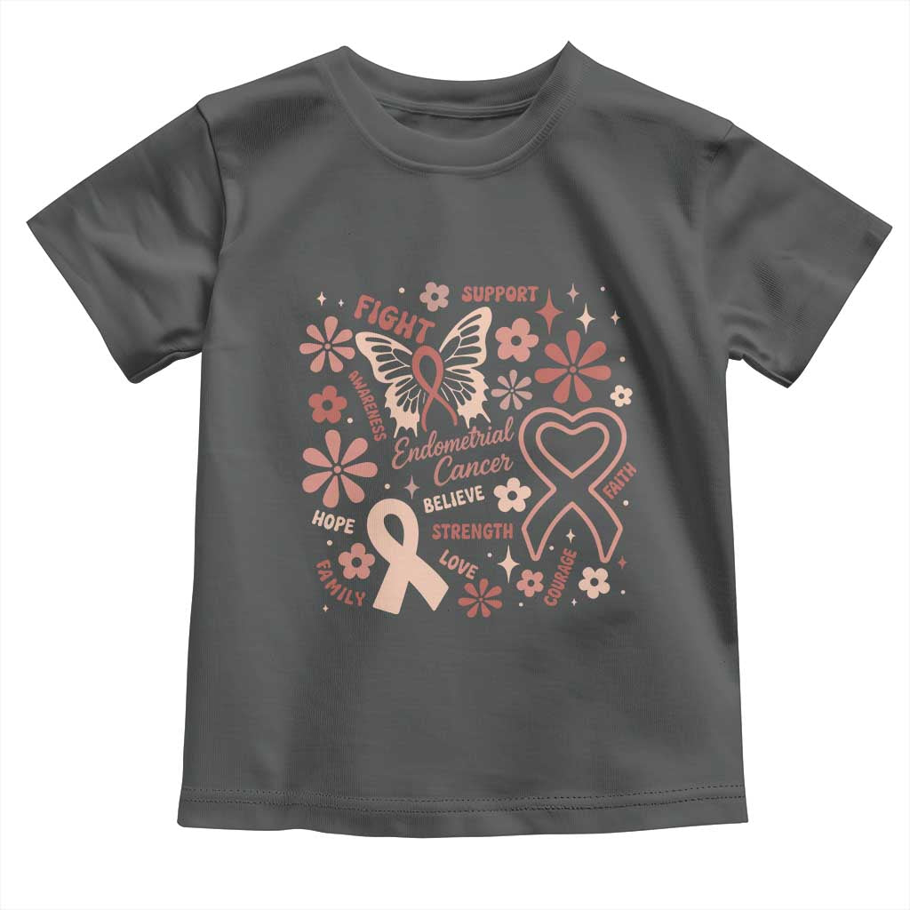 Floral Butterfly Endometrial Cancer Awareness Toddler T Shirt Believe Strength Faith