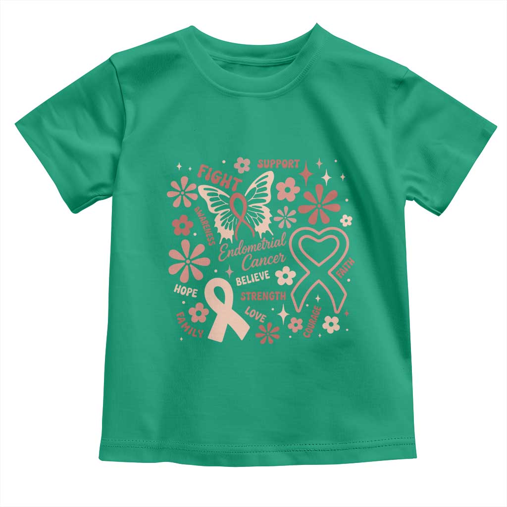 Floral Butterfly Endometrial Cancer Awareness Toddler T Shirt Believe Strength Faith