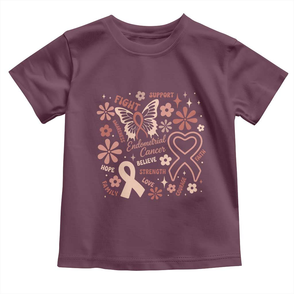 Floral Butterfly Endometrial Cancer Awareness Toddler T Shirt Believe Strength Faith