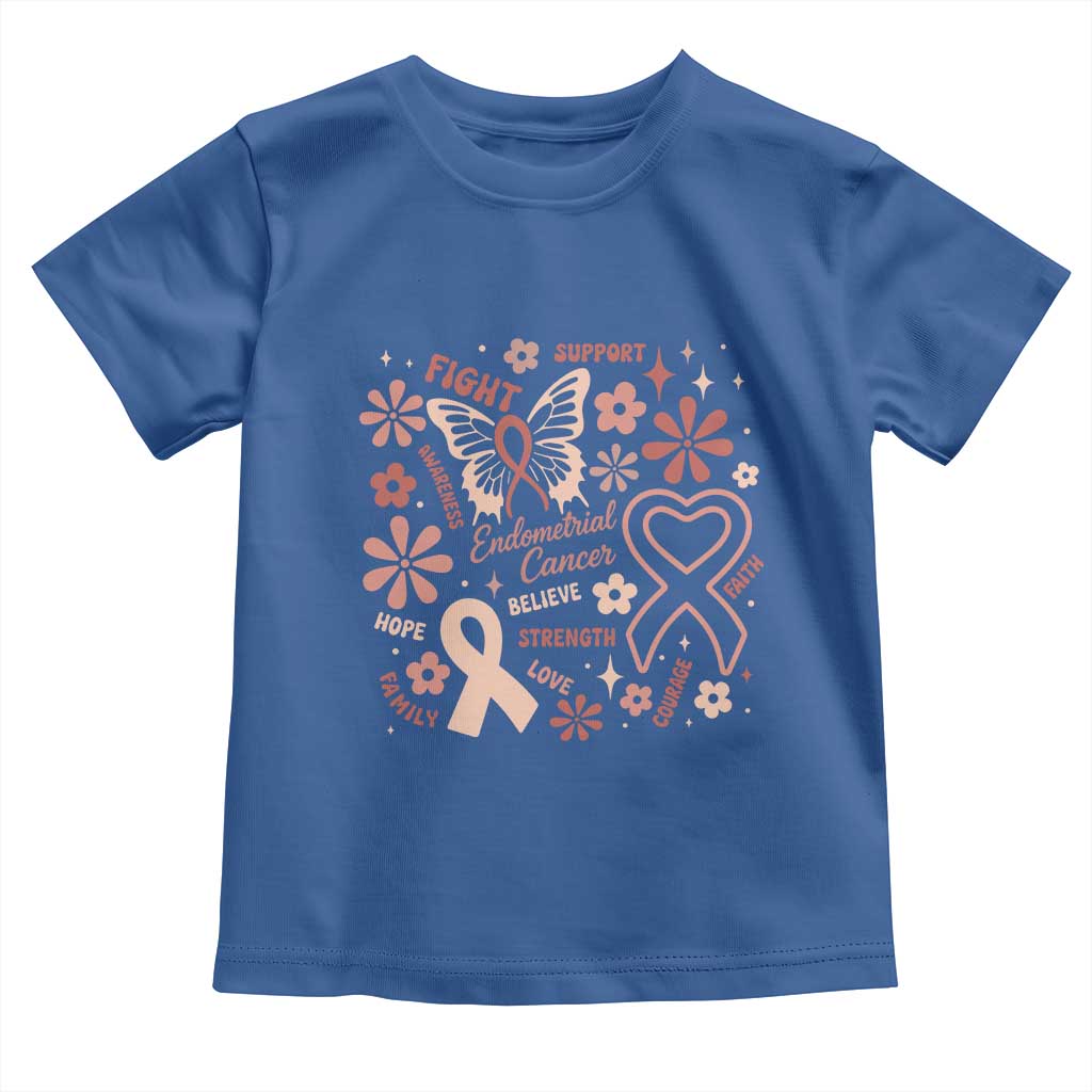 Floral Butterfly Endometrial Cancer Awareness Toddler T Shirt Believe Strength Faith