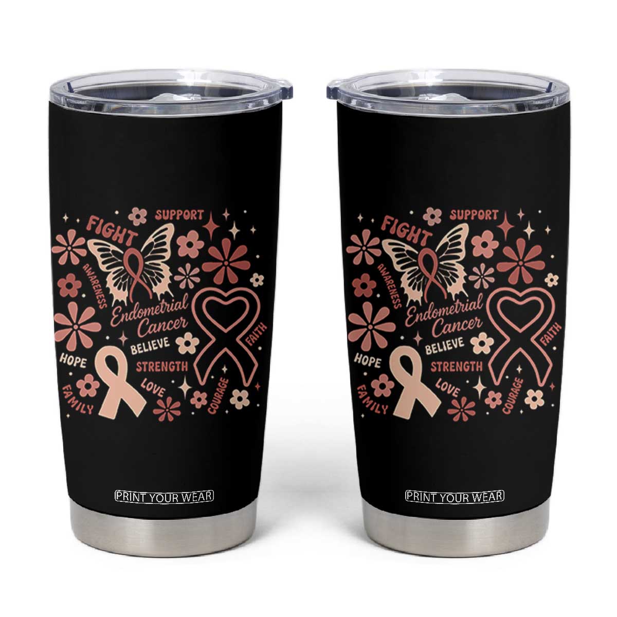 Floral Butterfly Endometrial Cancer Awareness Tumbler Cup Believe Strength Faith