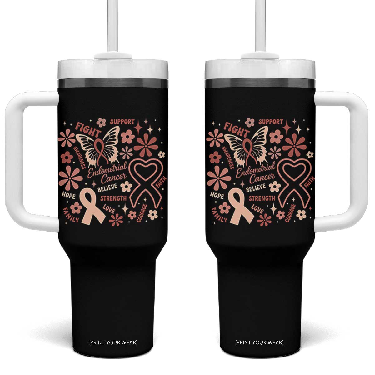 Floral Butterfly Endometrial Cancer Awareness Tumbler With Handle Believe Strength Faith