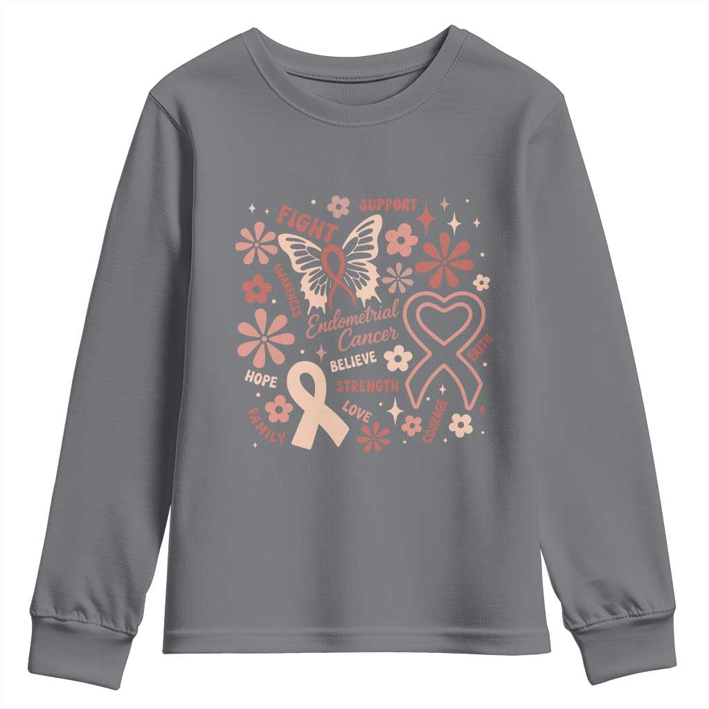 Floral Butterfly Endometrial Cancer Awareness Youth Sweatshirt Believe Strength Faith