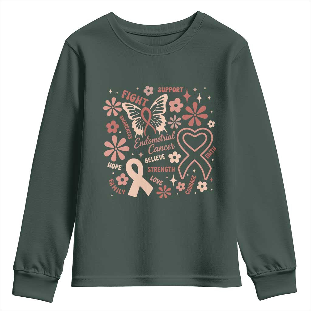 Floral Butterfly Endometrial Cancer Awareness Youth Sweatshirt Believe Strength Faith