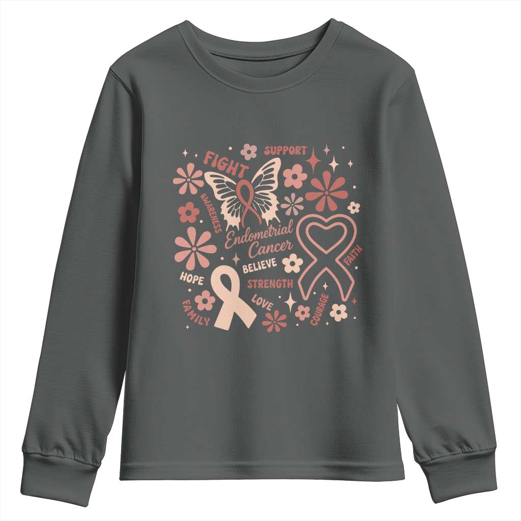 Floral Butterfly Endometrial Cancer Awareness Youth Sweatshirt Believe Strength Faith
