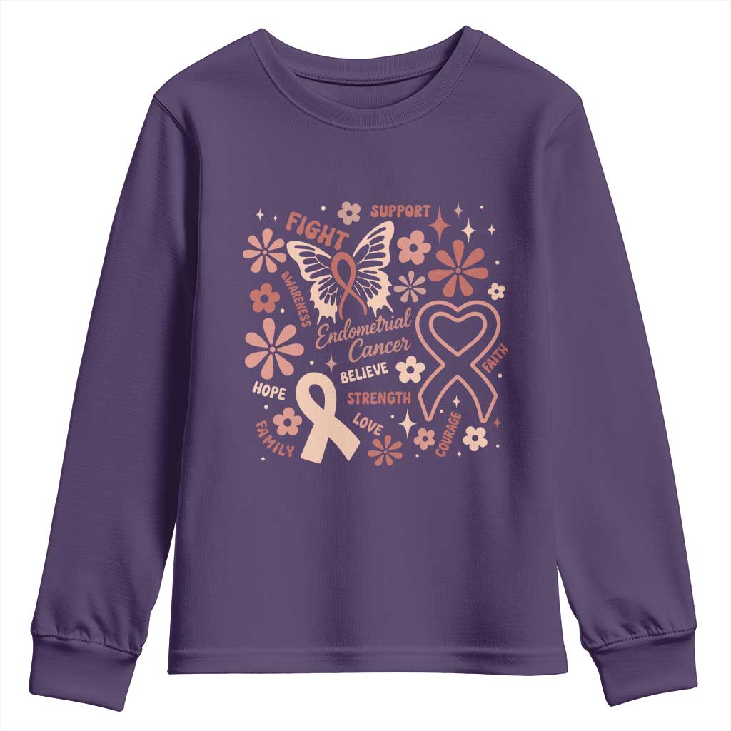 Floral Butterfly Endometrial Cancer Awareness Youth Sweatshirt Believe Strength Faith