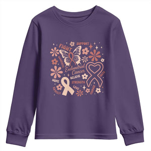 Floral Butterfly Endometrial Cancer Awareness Youth Sweatshirt Believe Strength Faith