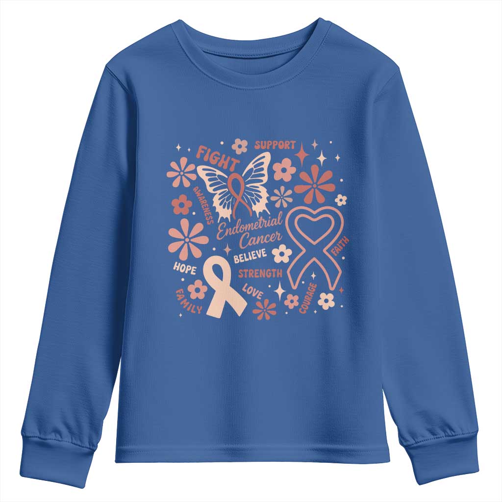 Floral Butterfly Endometrial Cancer Awareness Youth Sweatshirt Believe Strength Faith