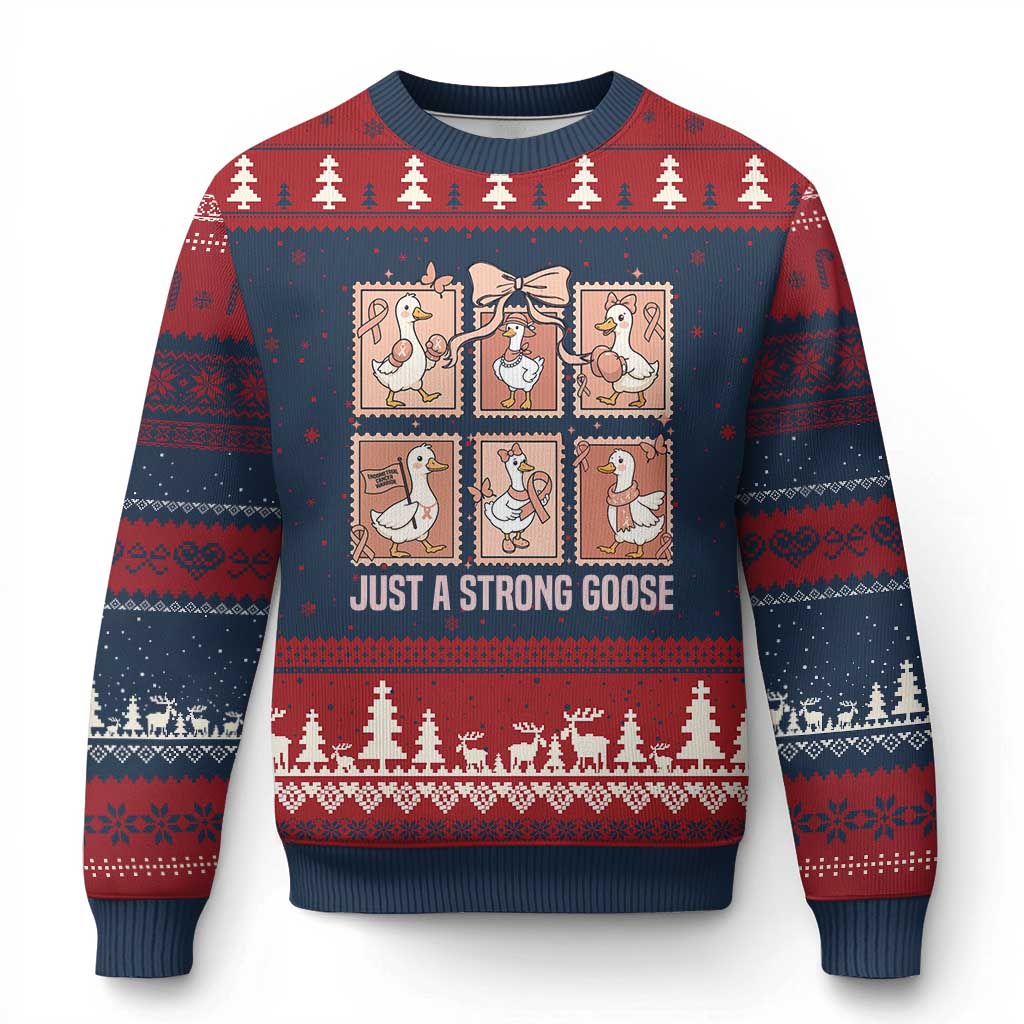 Funny Endometrial Cancer Warrior Goose Ugly Christmas Sweater Just A Strong Goose TS12 Navy Red Print Your Wear
